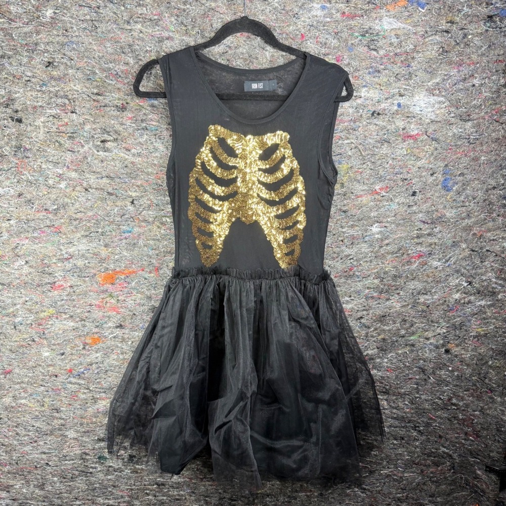 Iron Fist Womens Black Sequin Rib Cage Skeleton Tulle Skirt Dress Size XL